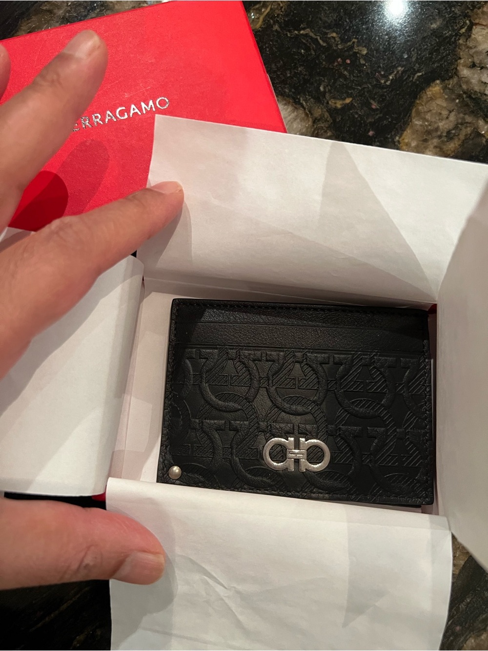 Salvatore Ferragamo Black Gancini Embossed Leather Card Holder